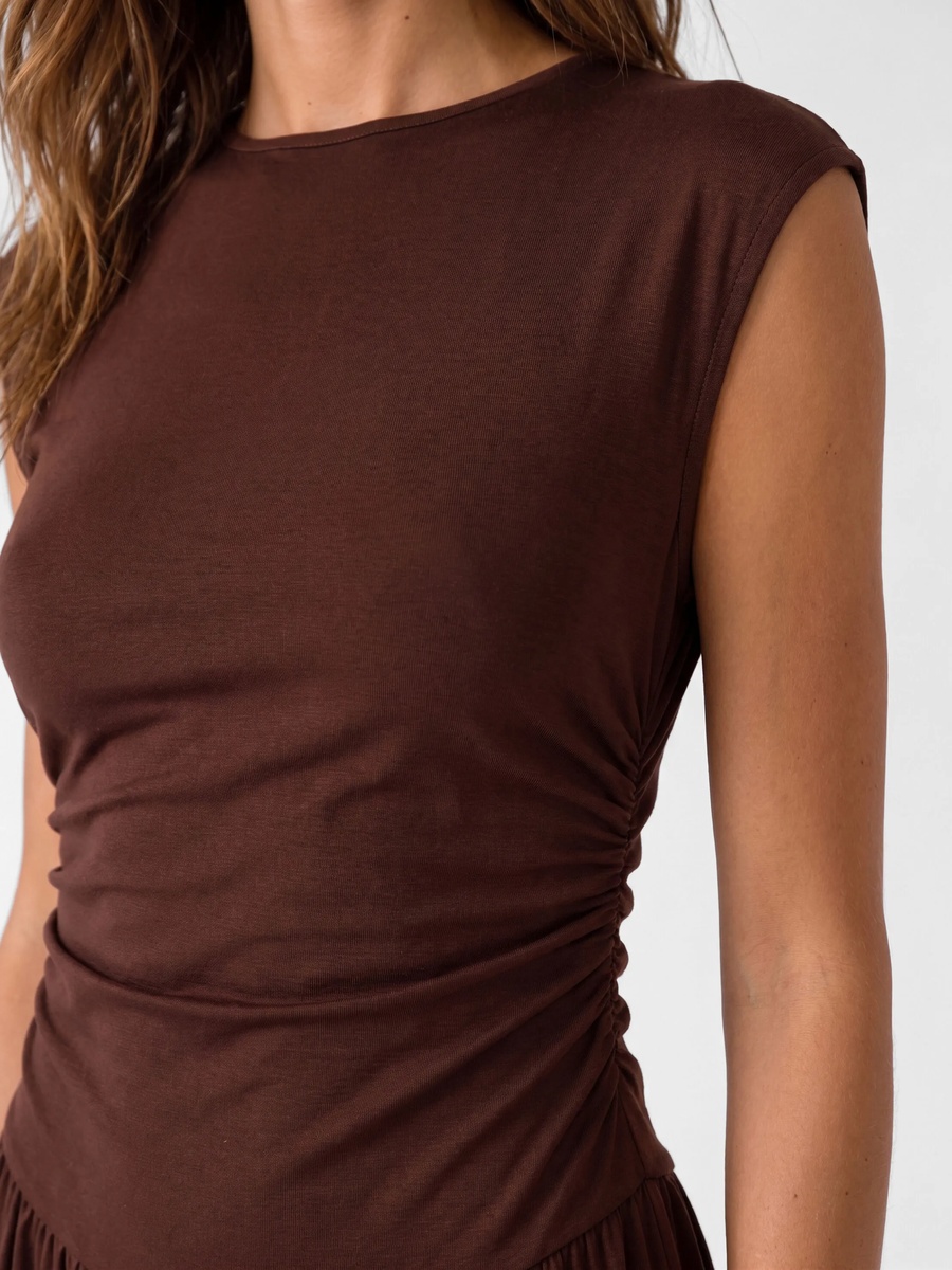 Sleeveless A-Line Midi Dress in Plain Brown