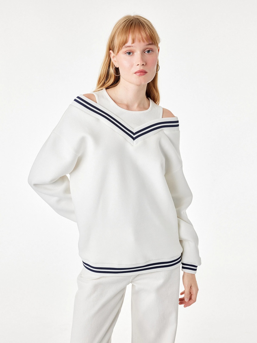 Womens Chic Beige Regular-Fit Sweatshirt with V-Neck Detail