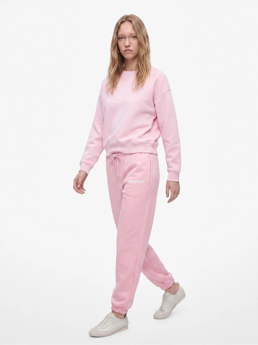 Pink Embroidered Cotton Blend Joggers with Drawstring Waist