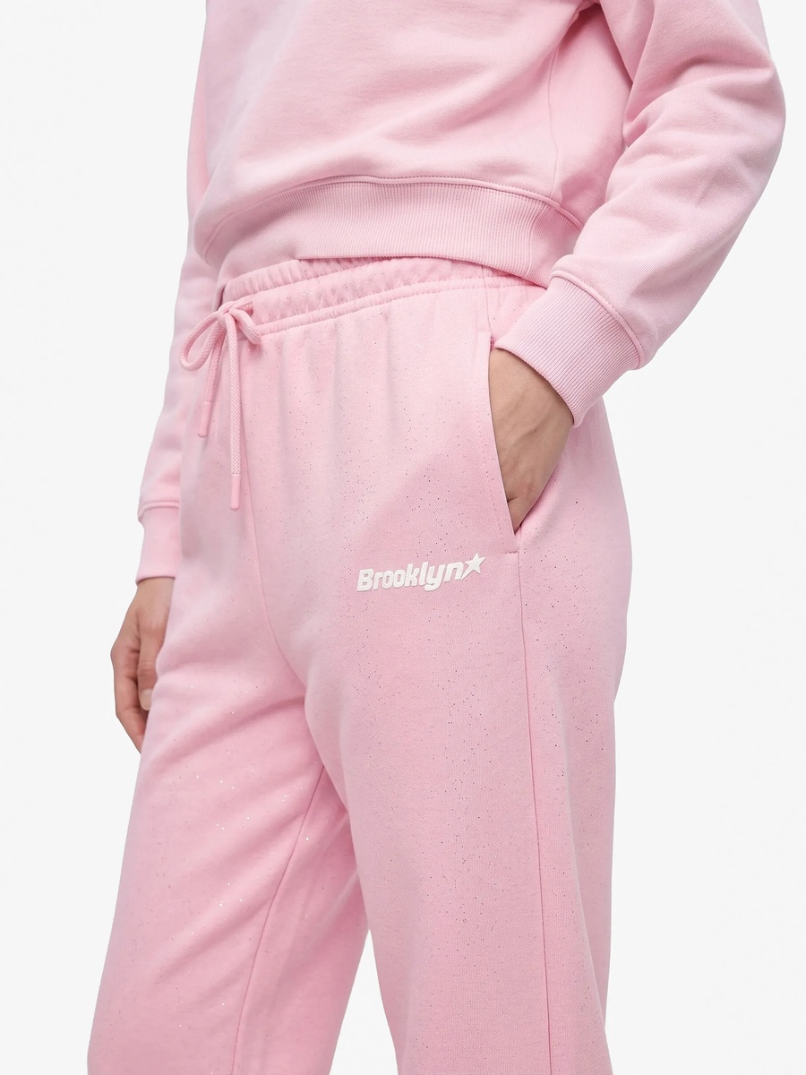 Pink Embroidered Cotton Blend Joggers with Drawstring Waist