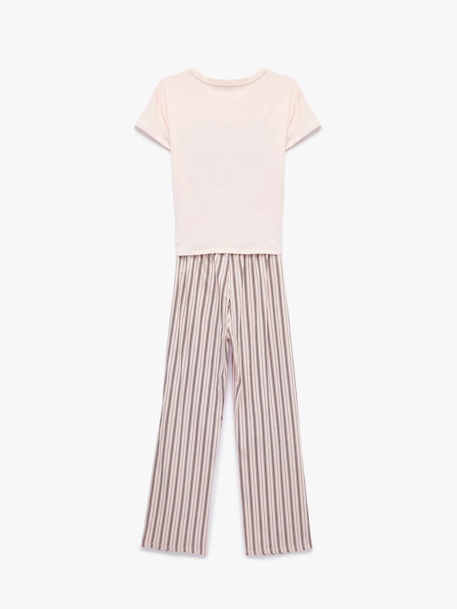 Pink Printed Cotton Pajama Set with Graphic Tee & Striped Straight Pants