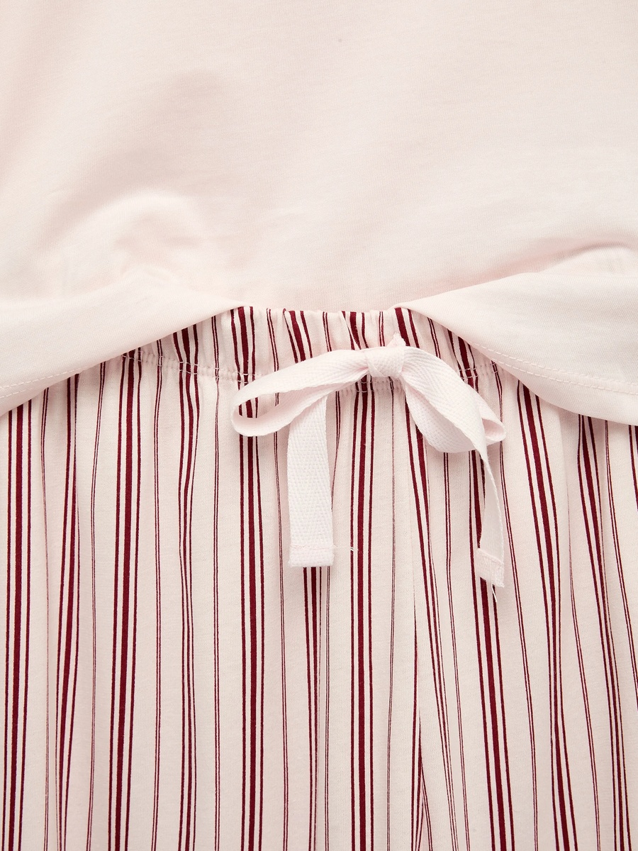Pink Printed Cotton Pajama Set with Graphic Tee & Striped Straight Pants