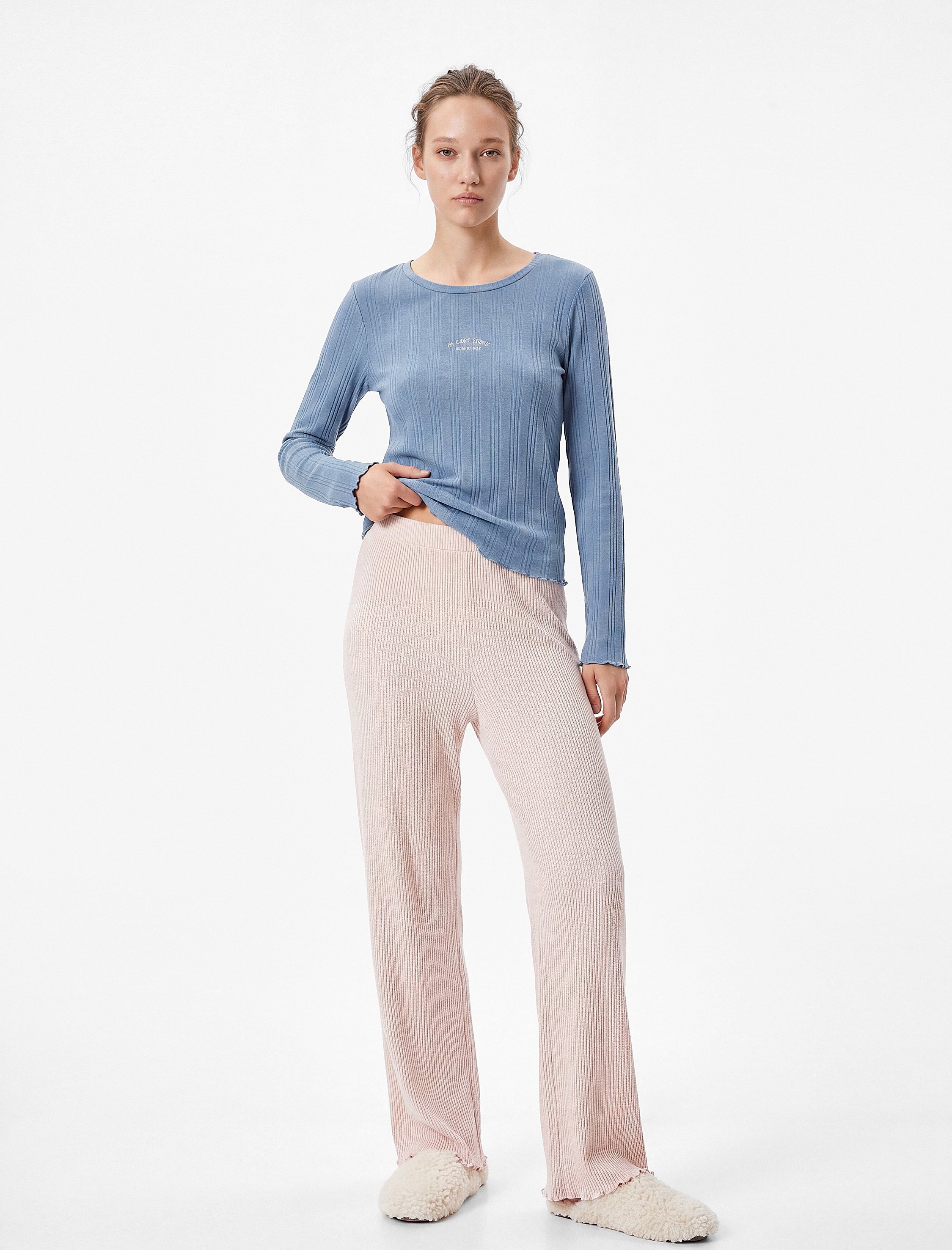 Women Blue Ribbed Long Sleeve Pajama T-Shirt