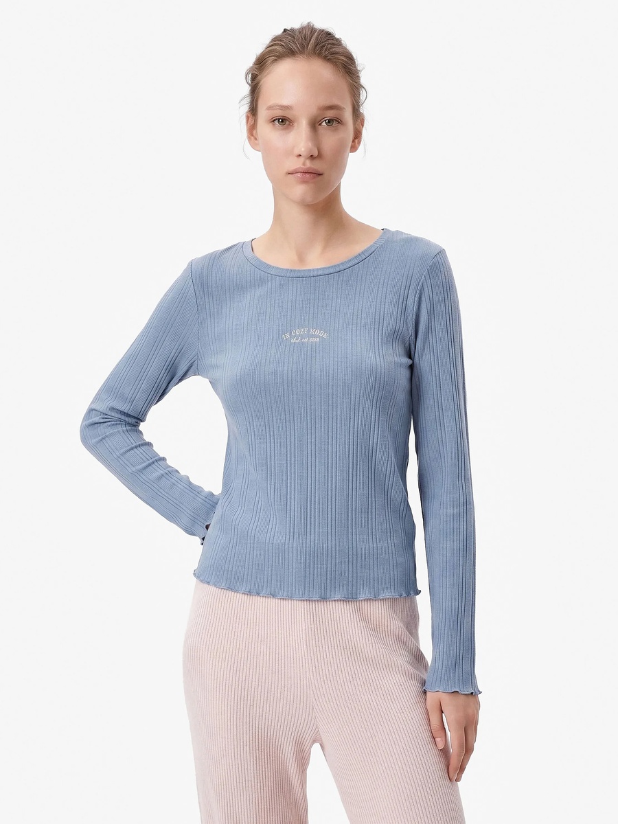 Women Blue Ribbed Long Sleeve Pajama T-Shirt