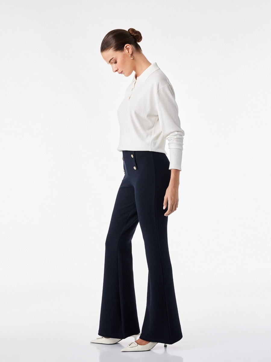 Navy Blue Flared Trousers with Button Accents