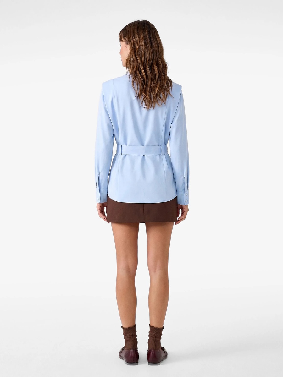 Womens Long Sleeve Belted Poplin Shirt in Blue