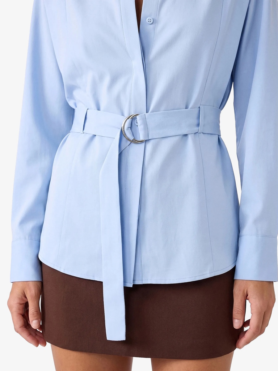 Womens Long Sleeve Belted Poplin Shirt in Blue