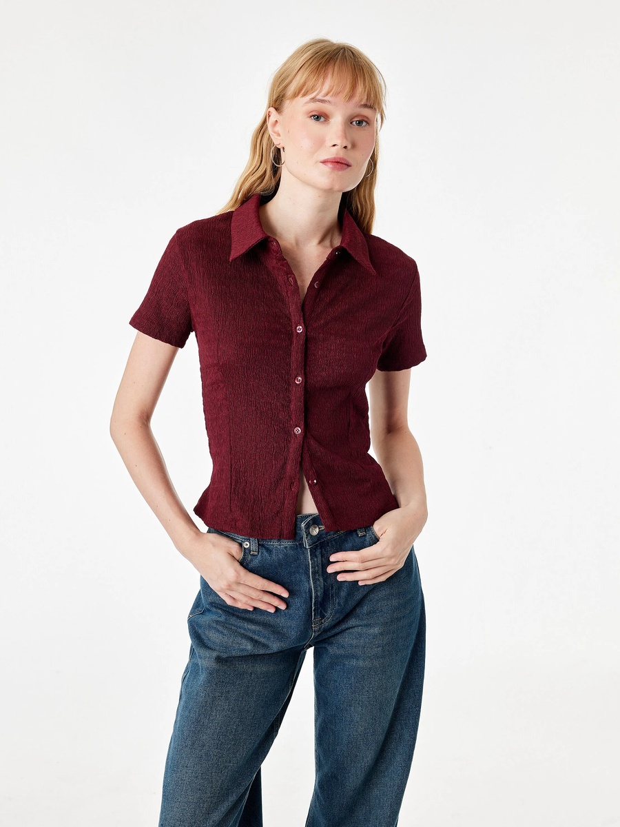 Burgundy Textured Short Sleeve Shirt