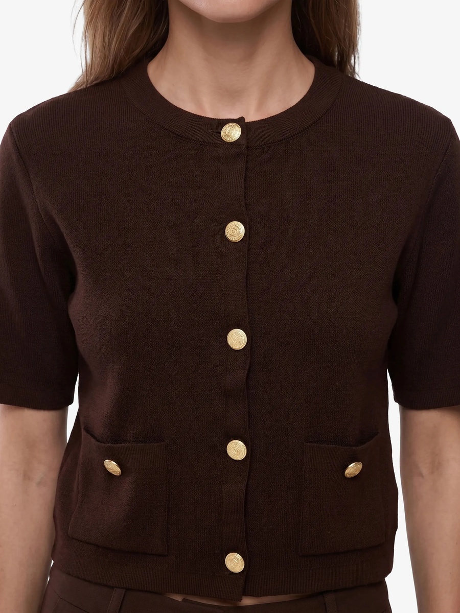 Brown Cropped Knit Jumper with Gold Buttons