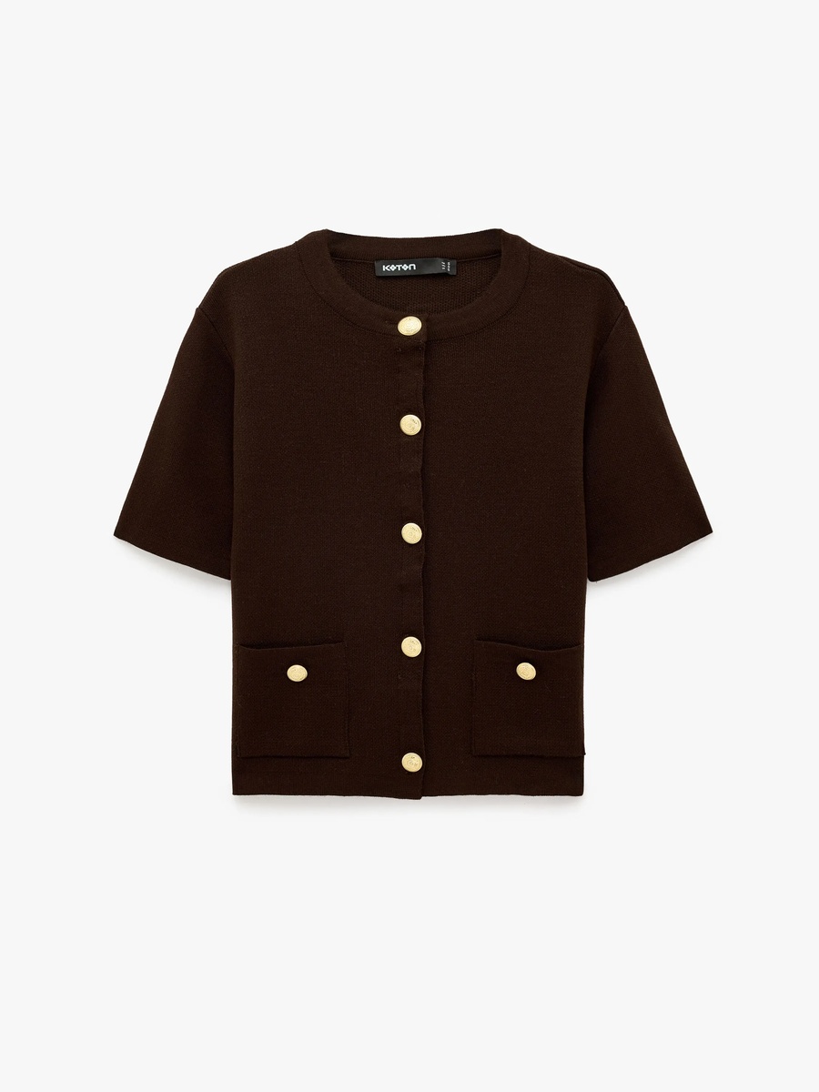 Brown Cropped Knit Jumper with Gold Buttons