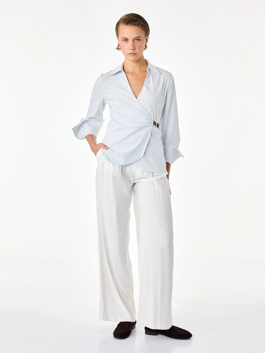 Womens Beige Striped Wrap Top with Long Sleeves