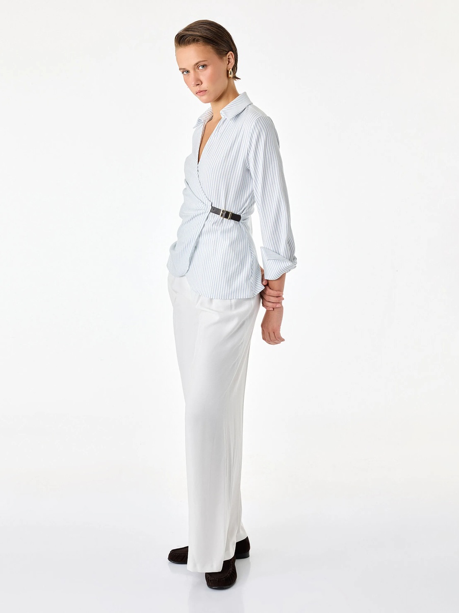 Womens Beige Striped Wrap Top with Long Sleeves