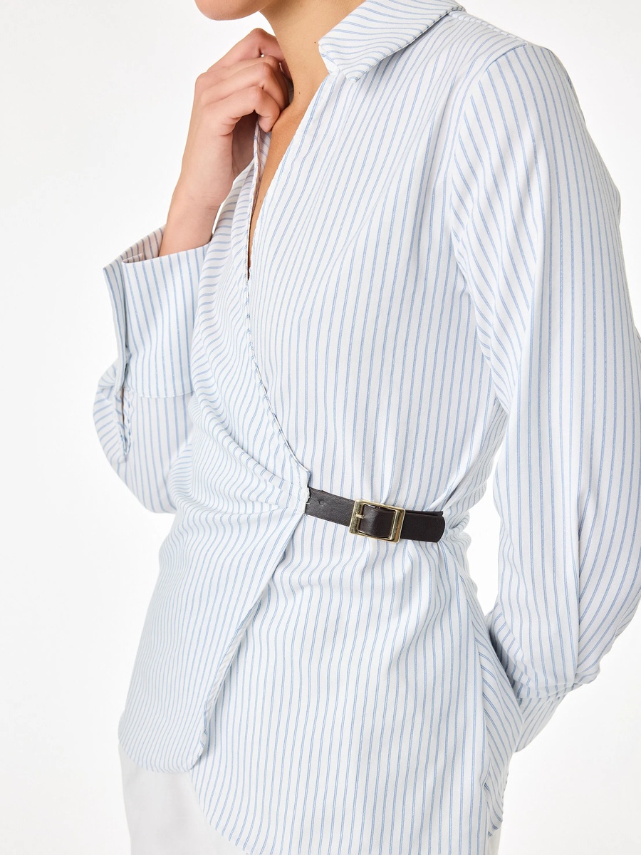 Womens Beige Striped Wrap Top with Long Sleeves