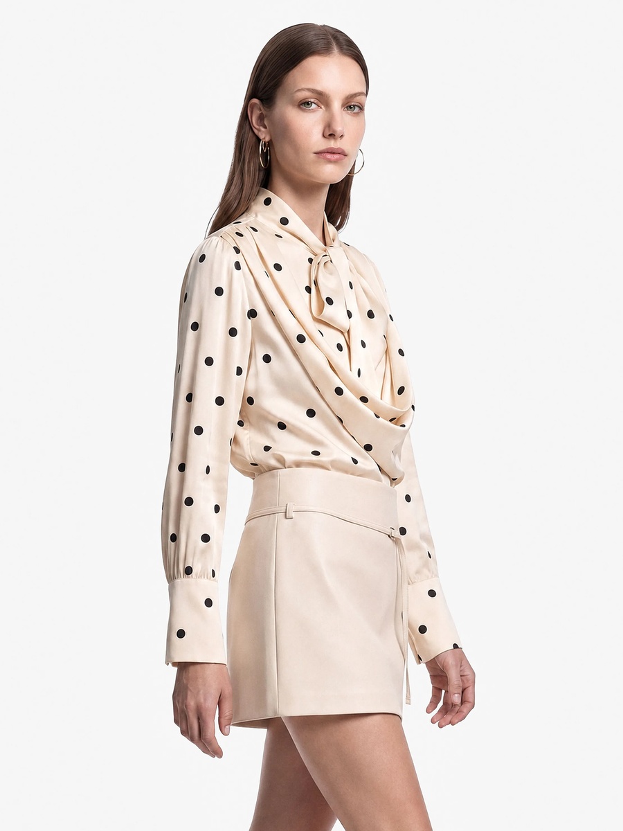 Black Polka Dot Long Sleeve Satin Blouse