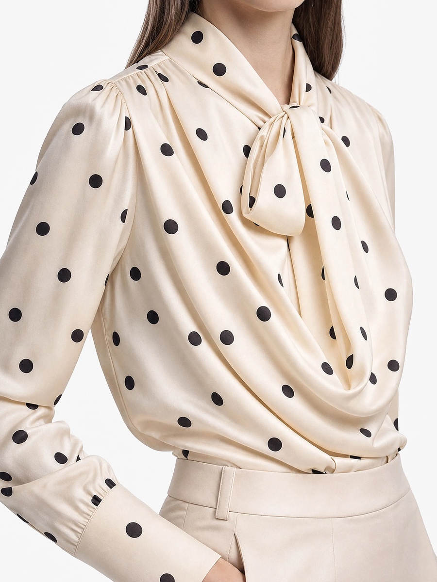 Black Polka Dot Long Sleeve Satin Blouse