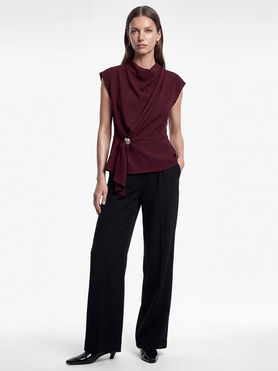 Burgundy Draped Short Sleeve Top with Brooch