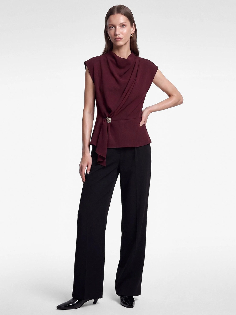 Burgundy Draped Short Sleeve Top with Brooch