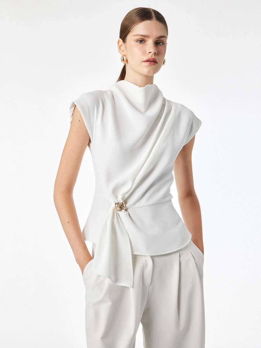 White Short Sleeve High Neck Top with Embellishment
