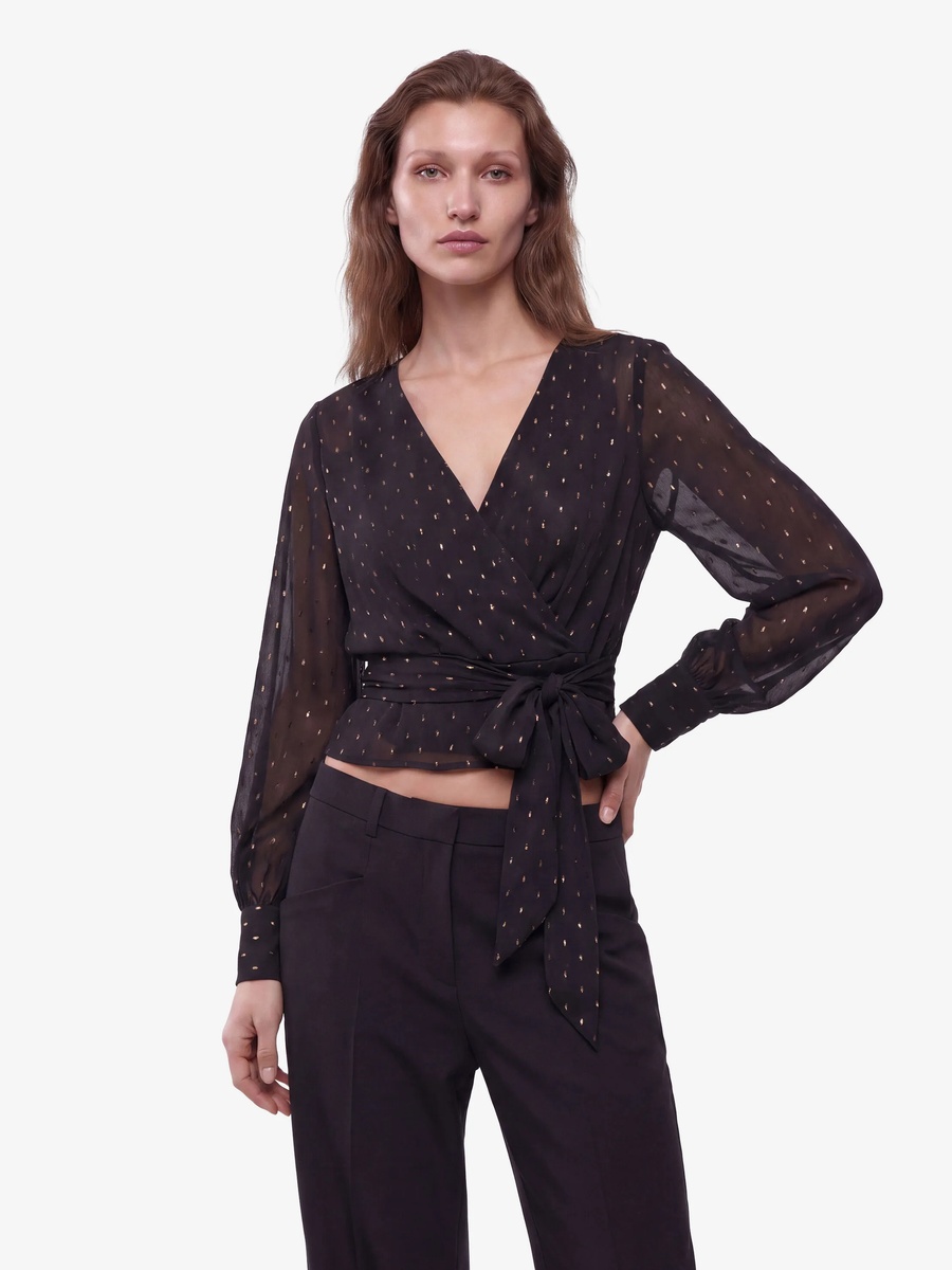 Black Long Sleeve Crop Wrap Top