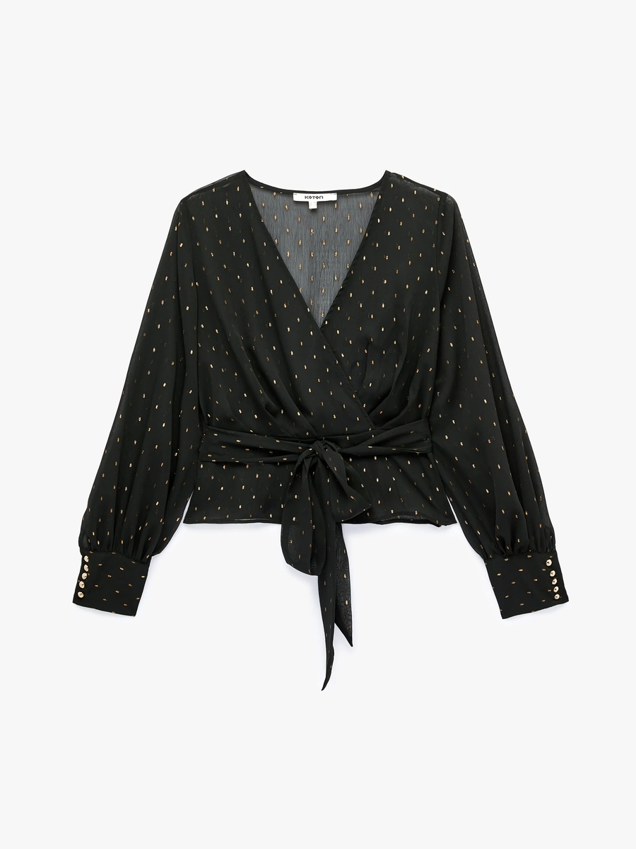 Black Long Sleeve Crop Wrap Top