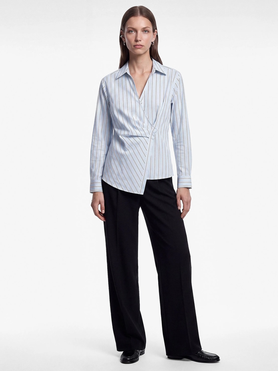 Blue Striped Long Sleeve Wrap Blouse