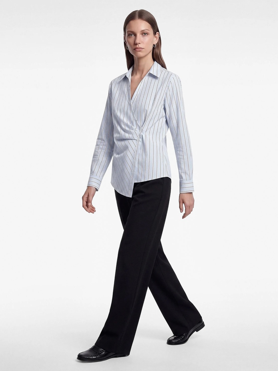 Blue Striped Long Sleeve Wrap Blouse