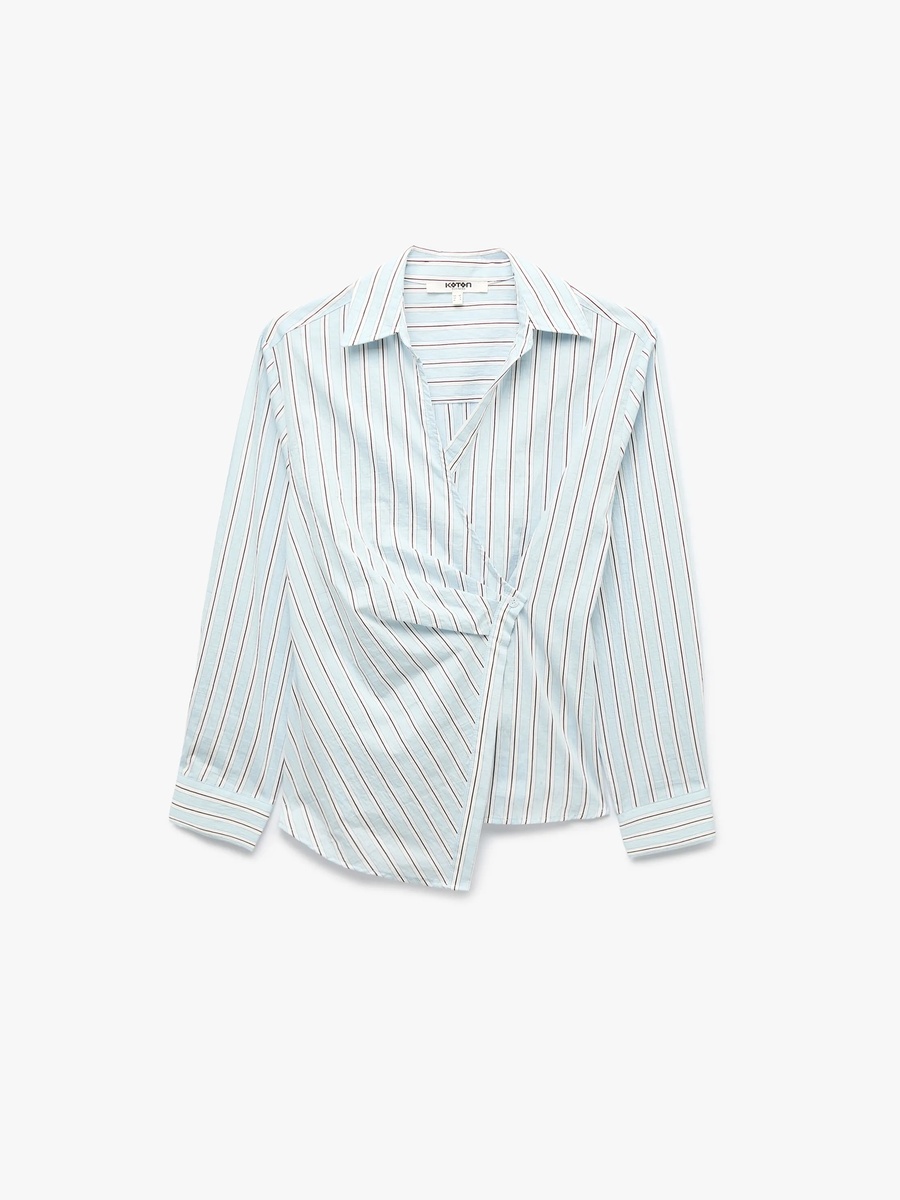 Blue Striped Long Sleeve Wrap Blouse