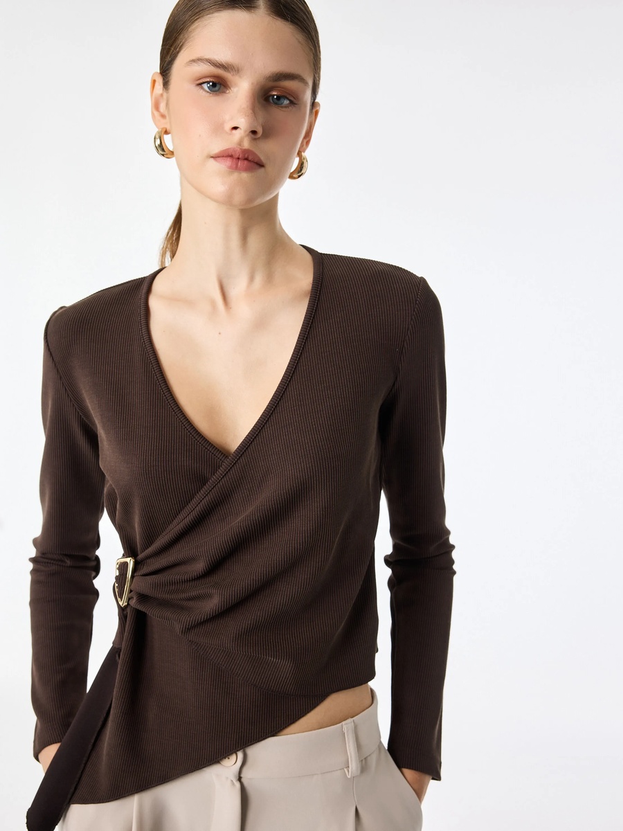 Womens Elegant Brown Long Sleeve Wrap Top