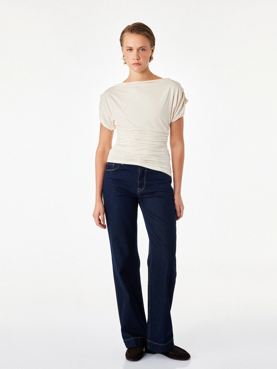 Beige Short Sleeve Boat Neck Top