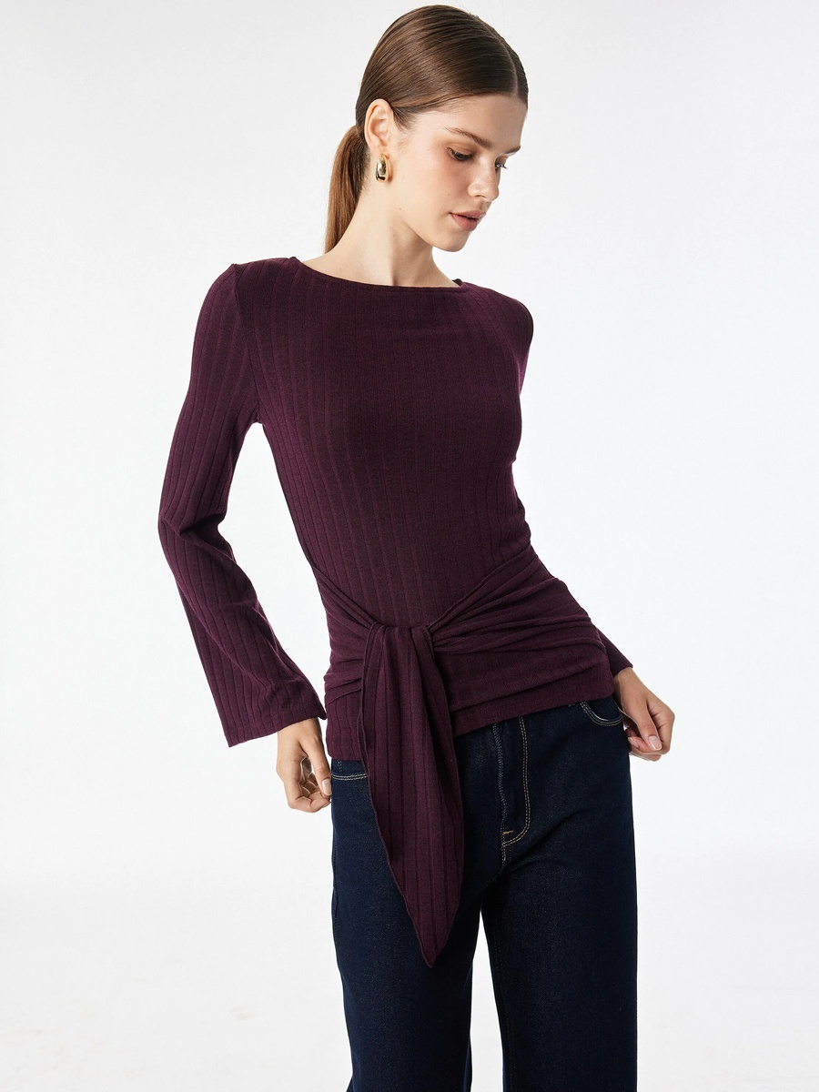 Burgundy Ribbed Long Sleeve Tie-Front Top