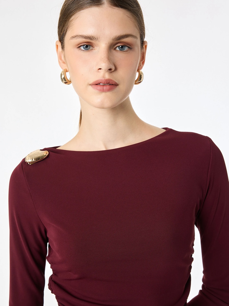 Burgundy Long Sleeve Crop Top with Shoulder Detail