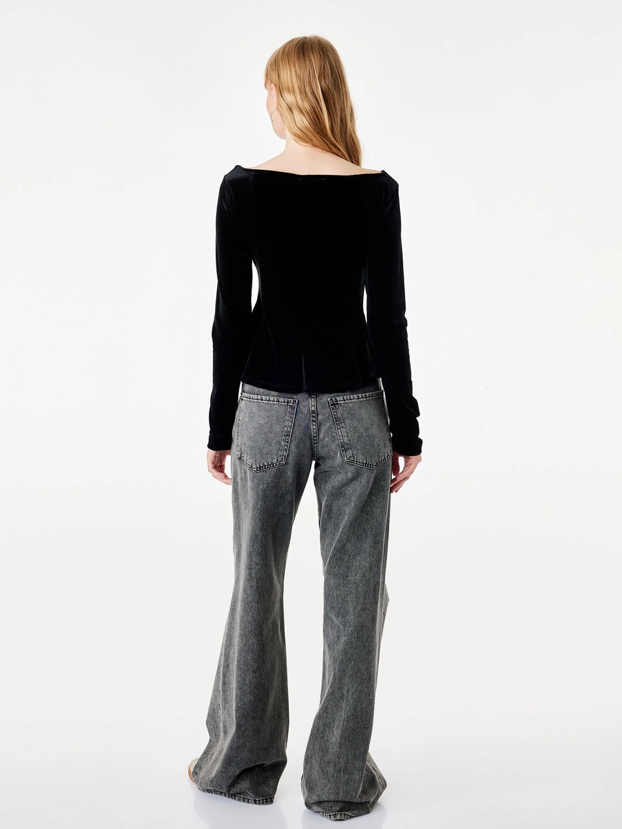 Black Velvet Long Sleeve Boat Neck Top