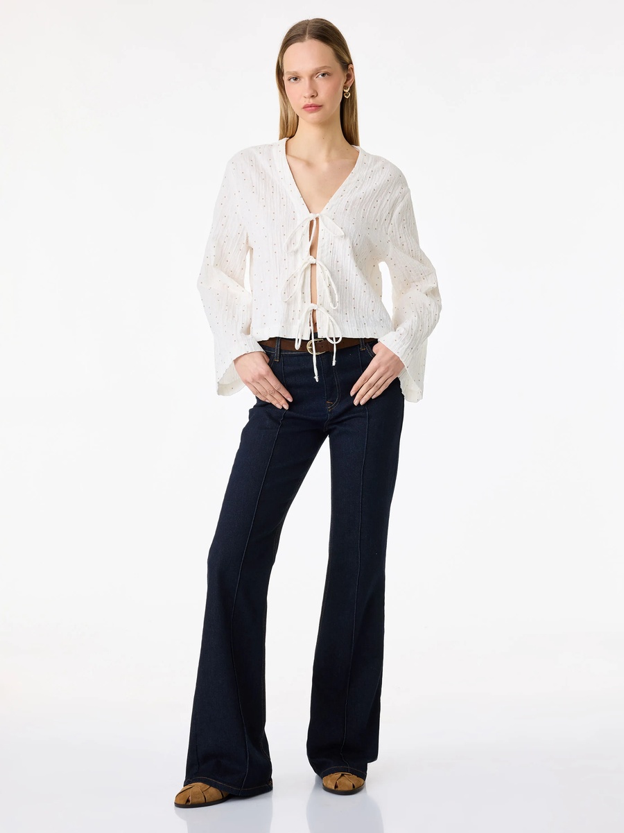 Beige Long Sleeve Blouse with Bow Detail