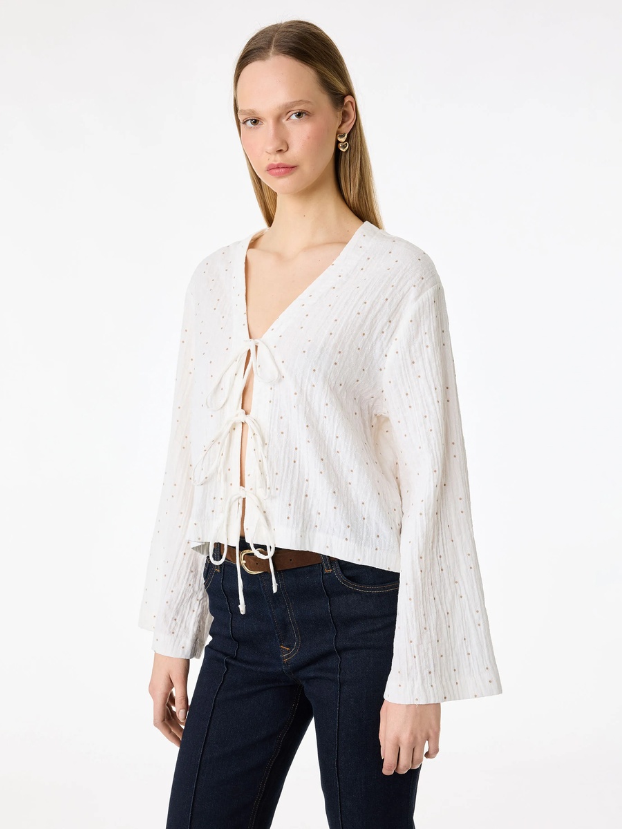 Beige Long Sleeve Blouse with Bow Detail