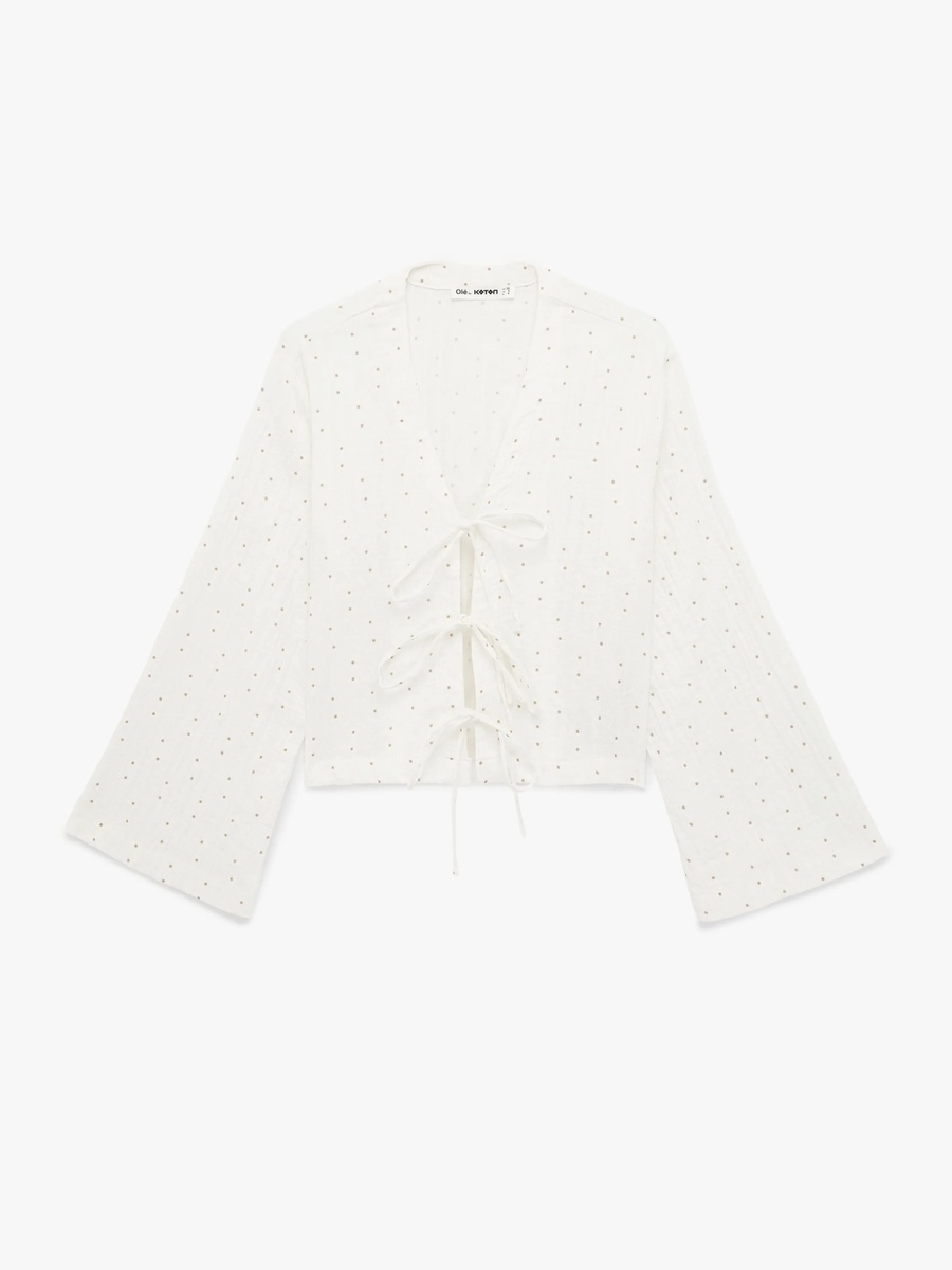 Beige Long Sleeve Blouse with Bow Detail