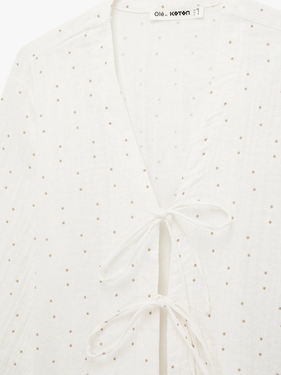 Beige Long Sleeve Blouse with Bow Detail