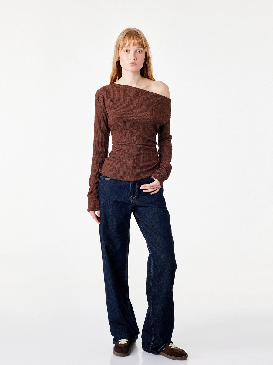 Ribbed Off-Shoulder Long Sleeve Top