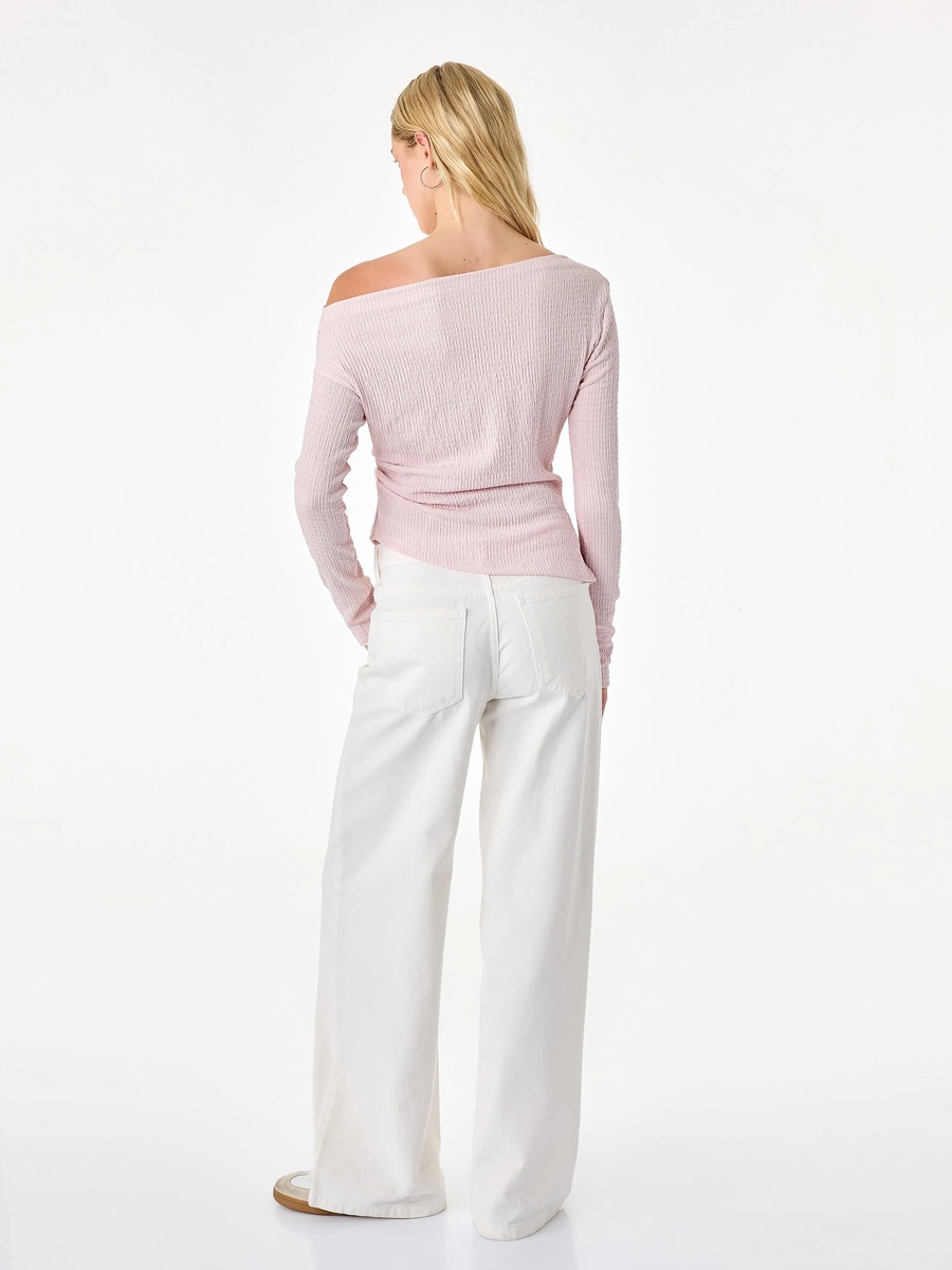 Pink Long Sleeve Off-Shoulder Ribbed Top