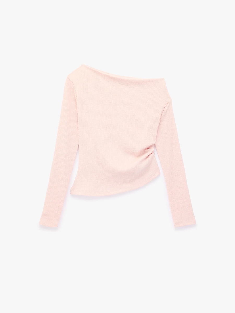 Pink Long Sleeve Off-Shoulder Ribbed Top