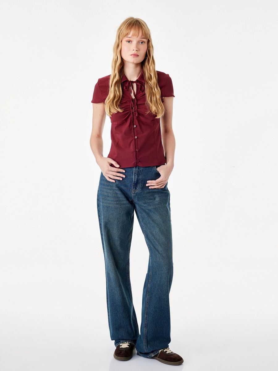 Burgundy Short Sleeve Blouse with Tie Neck Detail