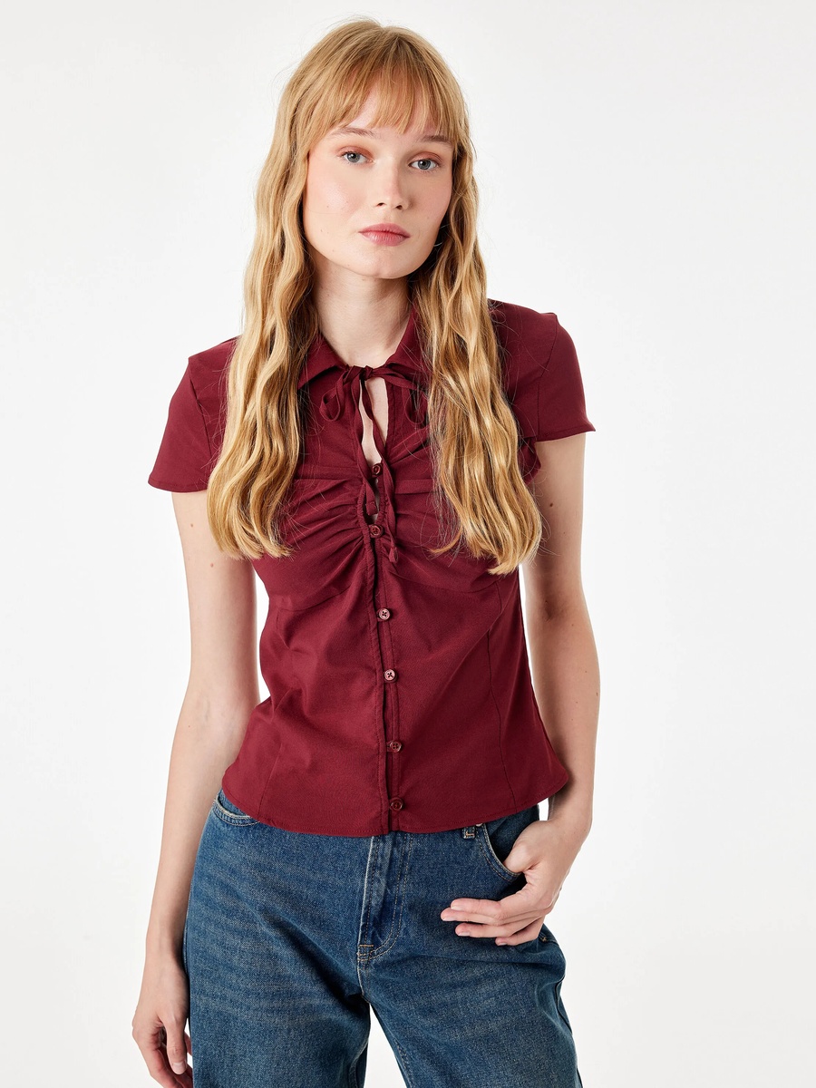 Burgundy Short Sleeve Blouse with Tie Neck Detail