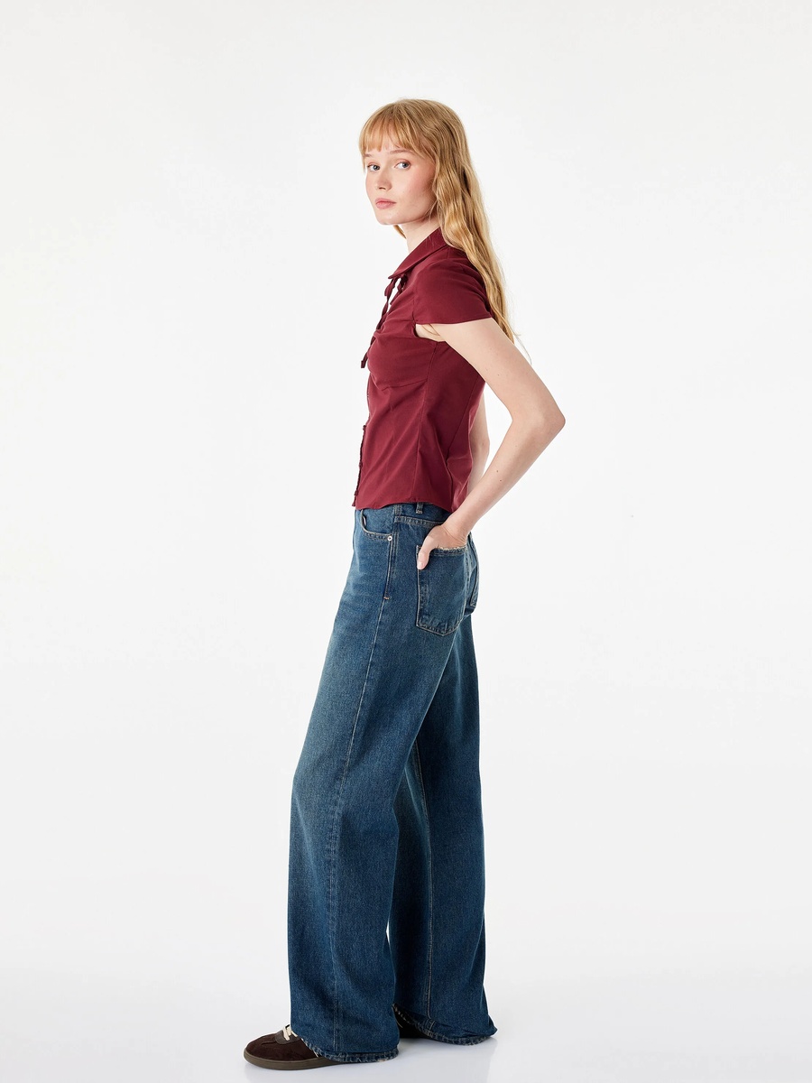 Burgundy Short Sleeve Blouse with Tie Neck Detail