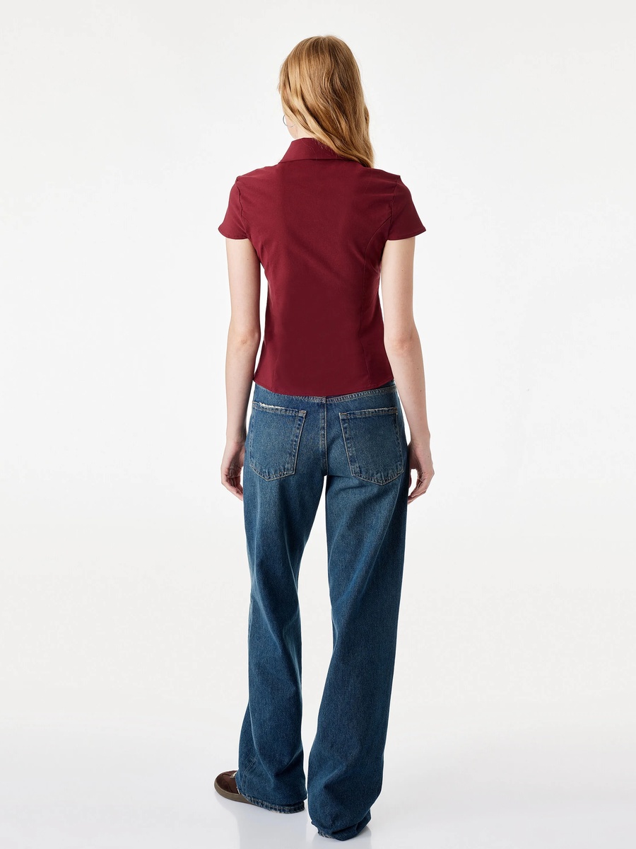 Burgundy Short Sleeve Blouse with Tie Neck Detail