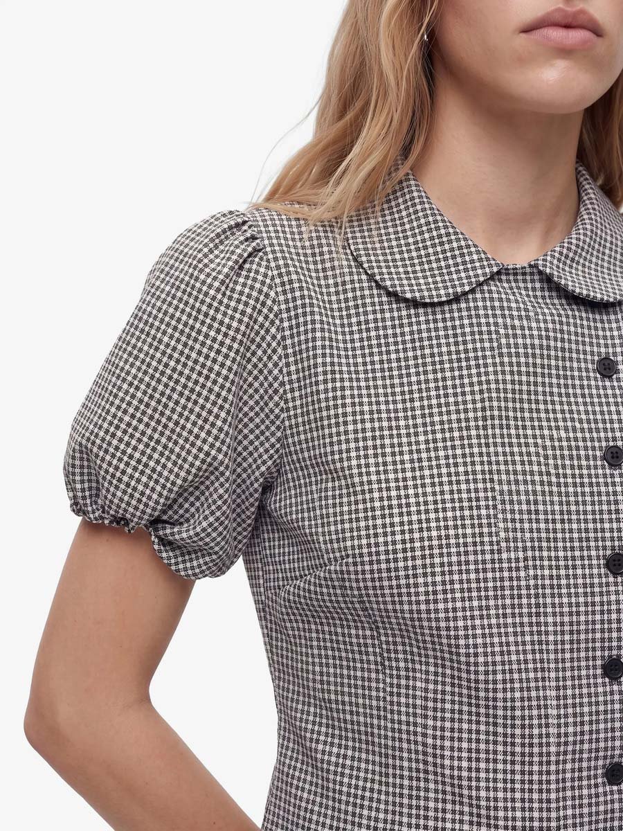 Pink Gingham Blouse with Short Puff Sleeves