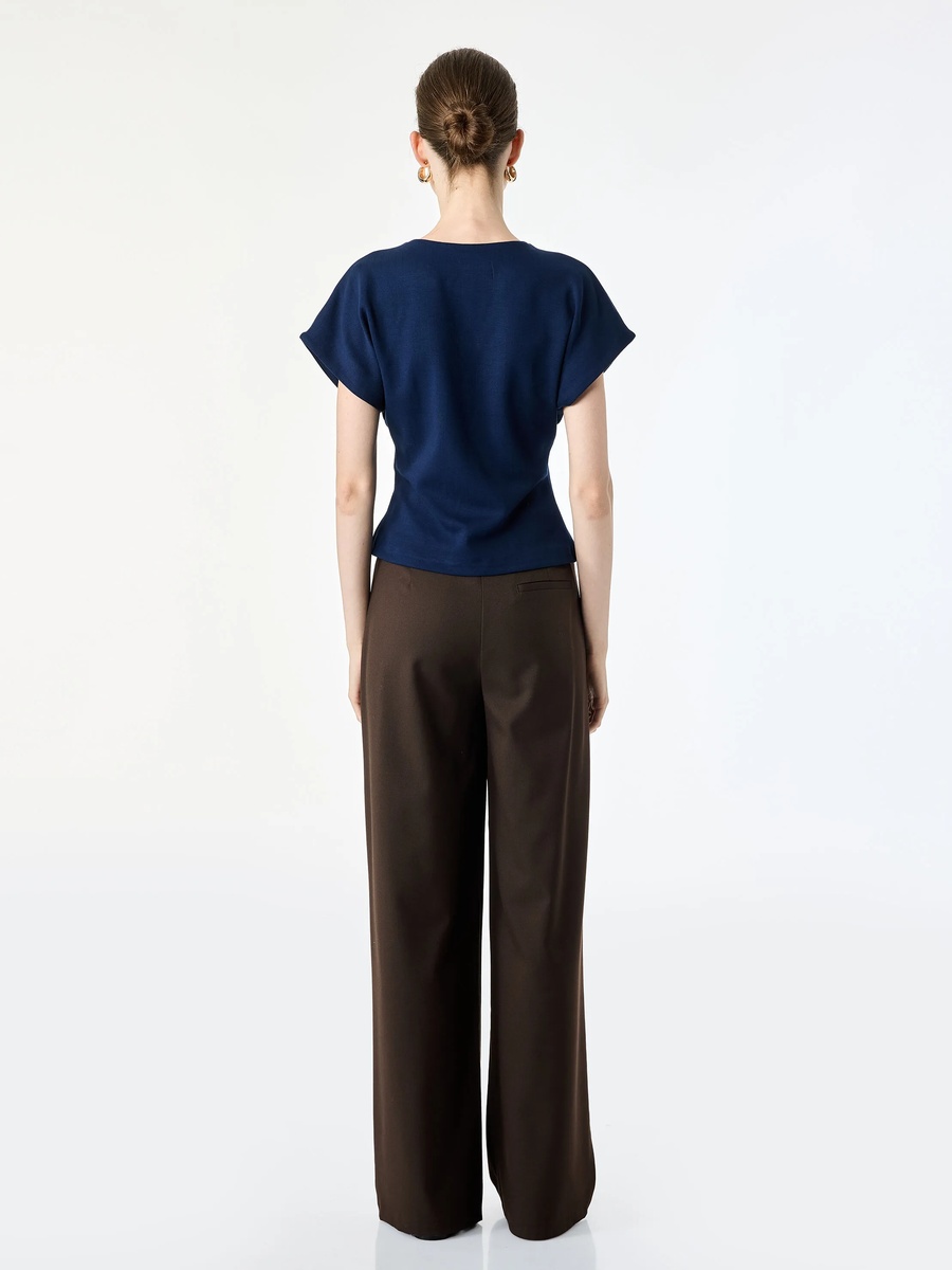Navy Blue Short Sleeve V-Neck Button Top