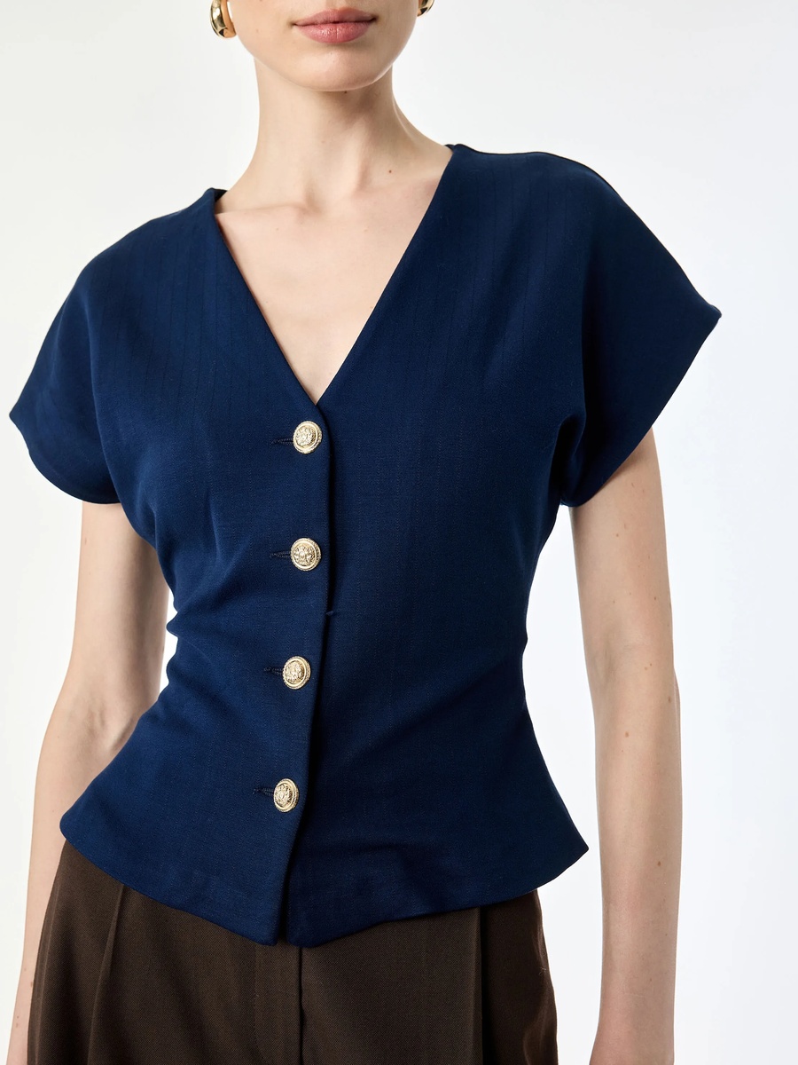 Navy Blue Short Sleeve V-Neck Button Top
