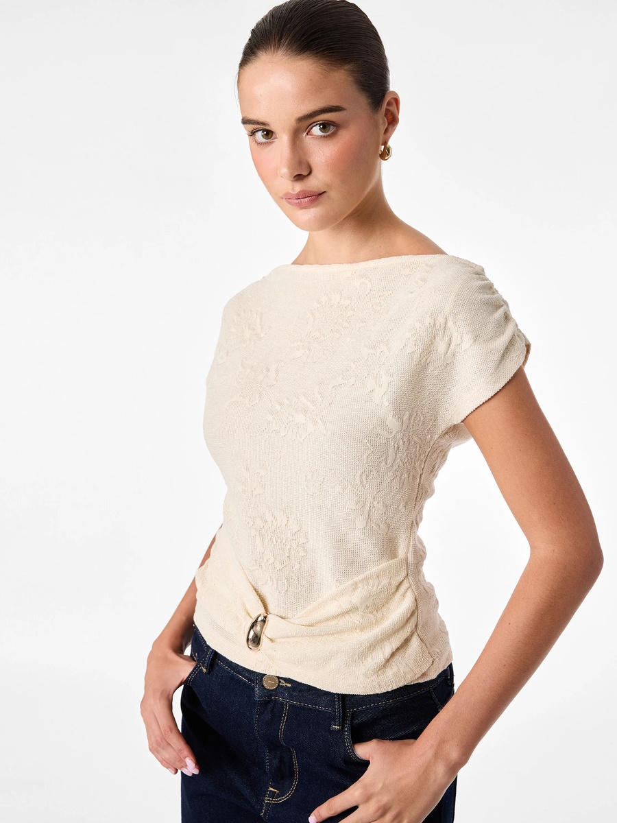 Elegant Beige Floral Short Sleeve Top
