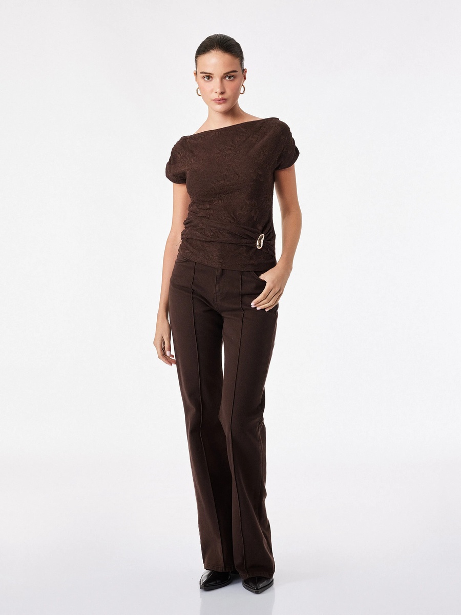 Brown Short Sleeve Textured Asymmetric Top