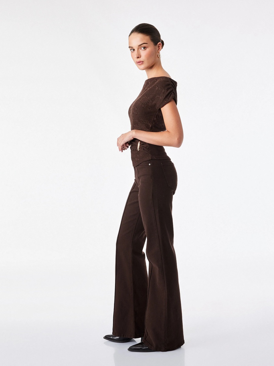 Brown Short Sleeve Textured Asymmetric Top