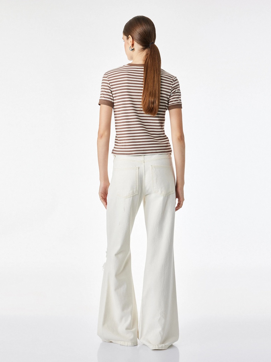 Womens Brown Striped Crew Neck T-Shirt